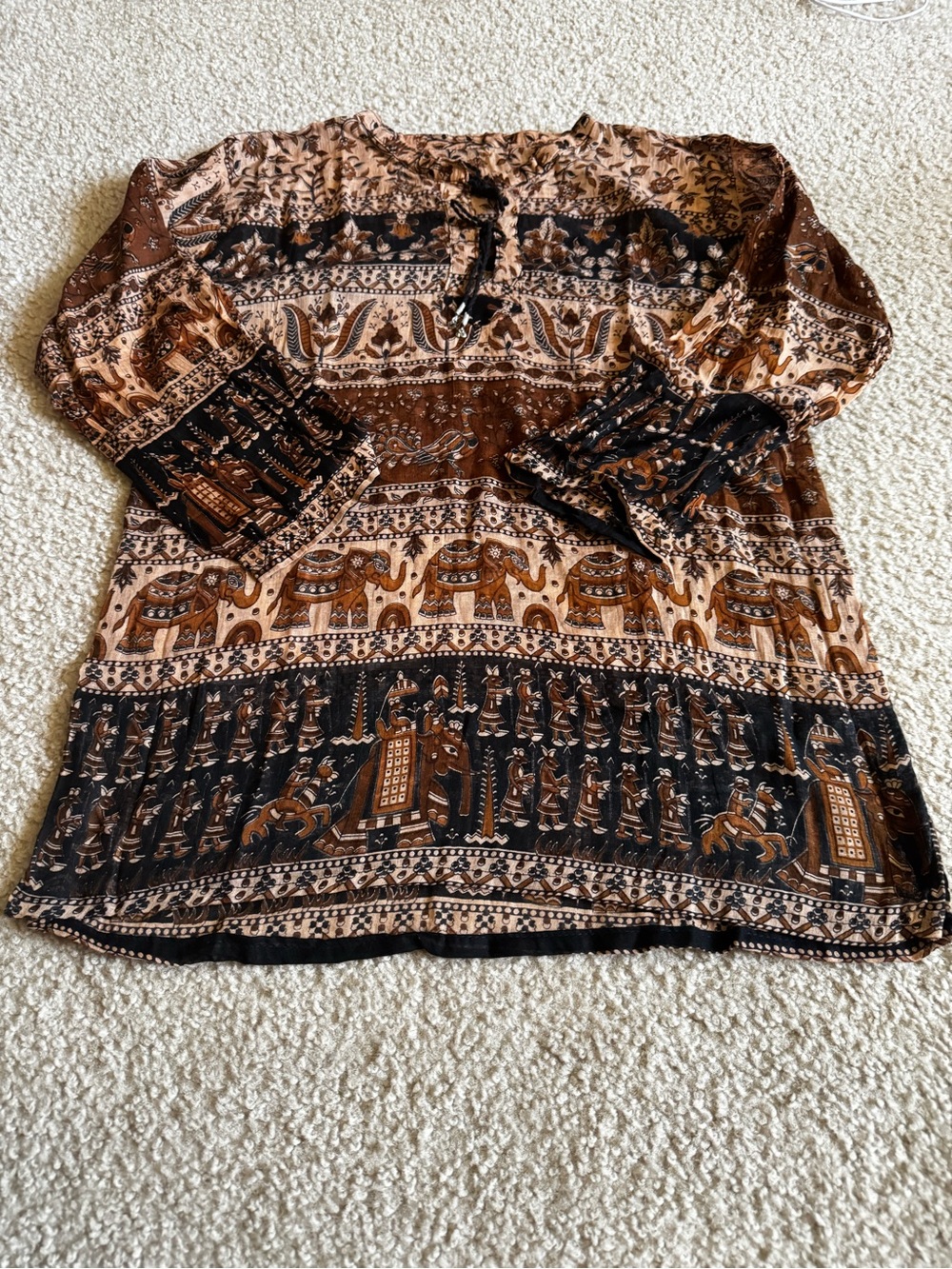 Boho Elephant Print Peasant Blouse in Brown and Black